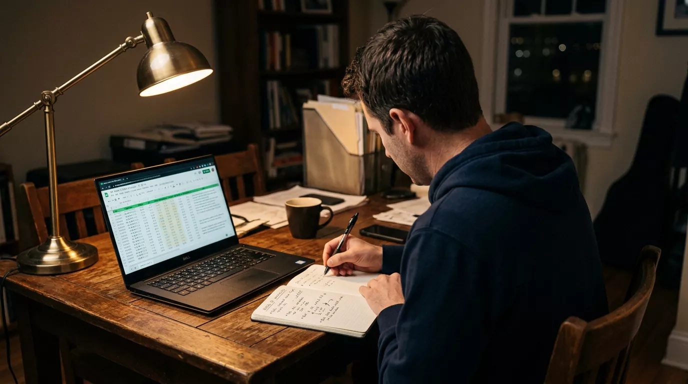 Analista deportivo revisando hoja de seguimiento de apuestas NFL con datos de bankroll
