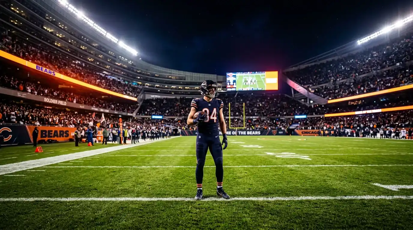 Campo de fútbol americano NFL visto desde las gradas, con luces de estadio encendidas
