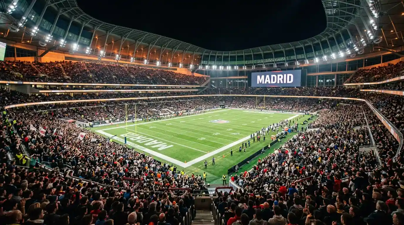 Estadio Santiago Bernabéu iluminado durante el primer partido oficial de la NFL en España
